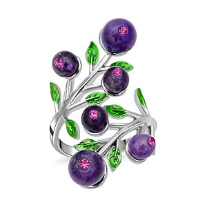 African Amethyst 2.00 ctw and Purple Austrian Crystal Leafy Vine Ring in Silvertone (Size 6-9) 