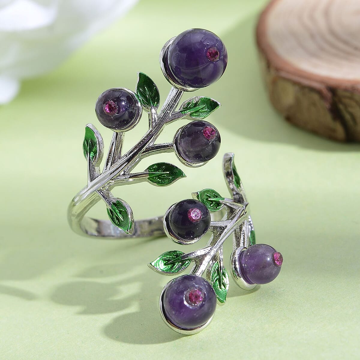 African Amethyst 2.00 ctw and Purple Austrian Crystal Leafy Vine Ring in Silvertone (Size 6-9)  image number 1