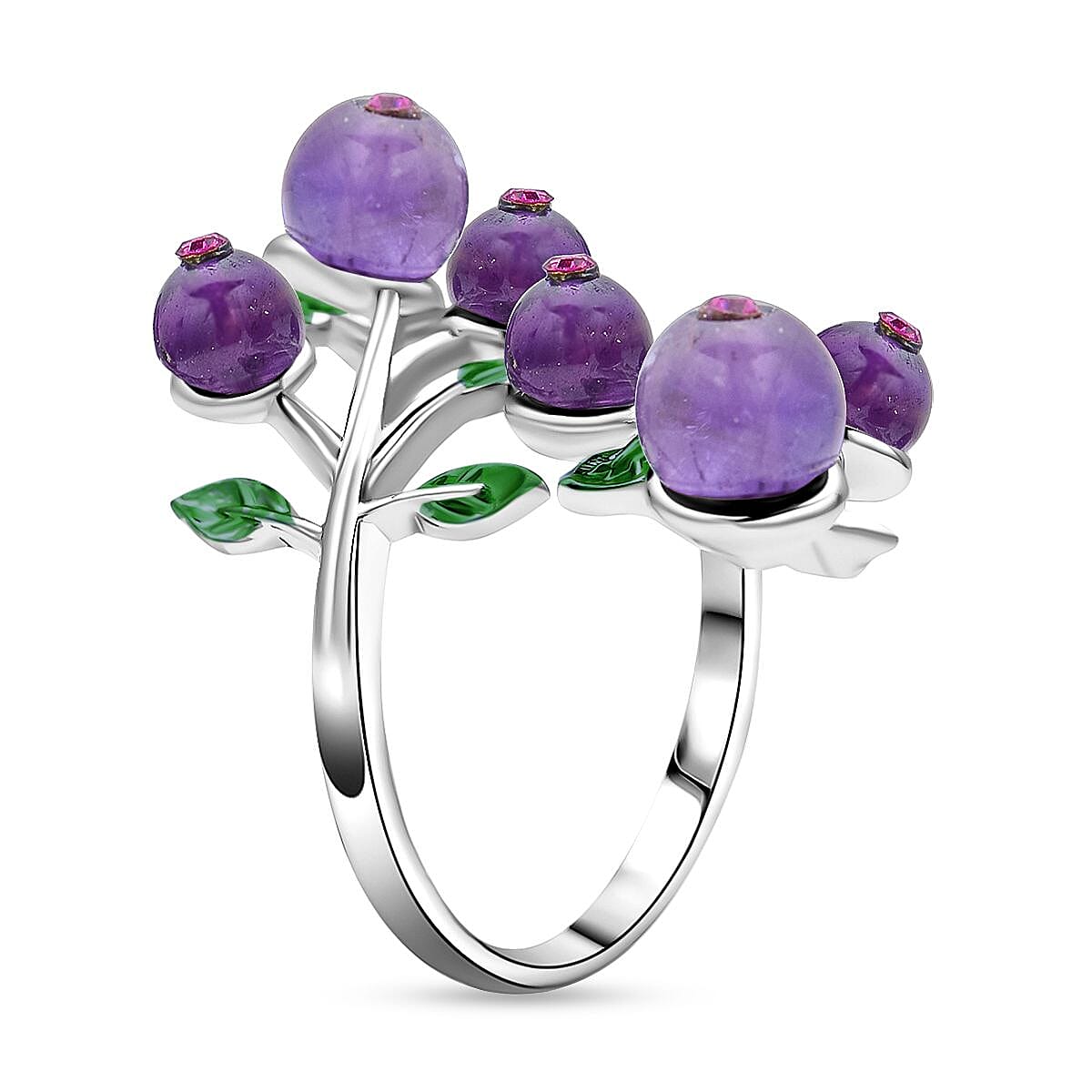 African Amethyst 2.00 ctw and Purple Austrian Crystal Leafy Vine Ring in Silvertone (Size 6-9)  image number 3