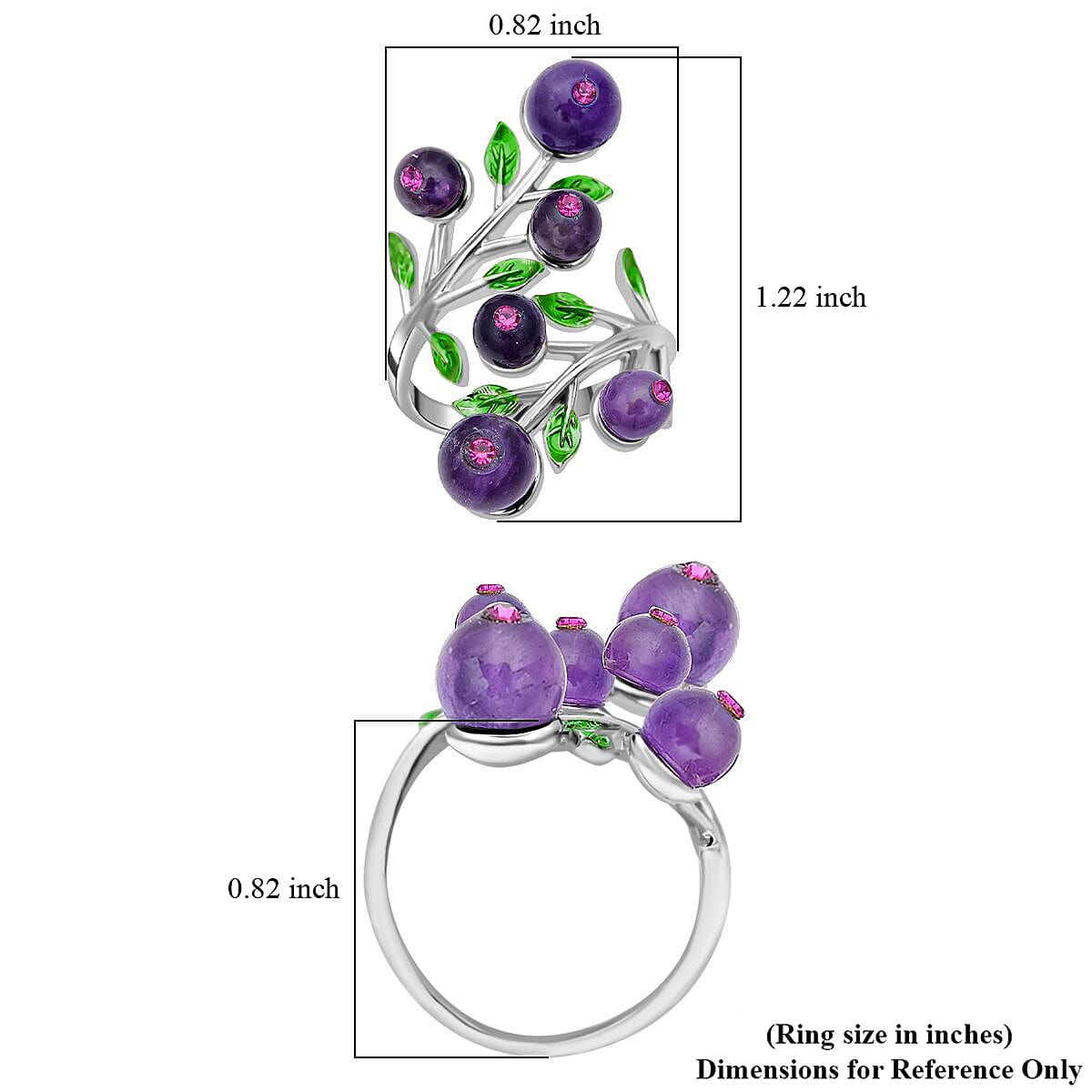 African Amethyst 2.00 ctw and Purple Austrian Crystal Leafy Vine Ring in Silvertone (Size 6-9)  image number 5