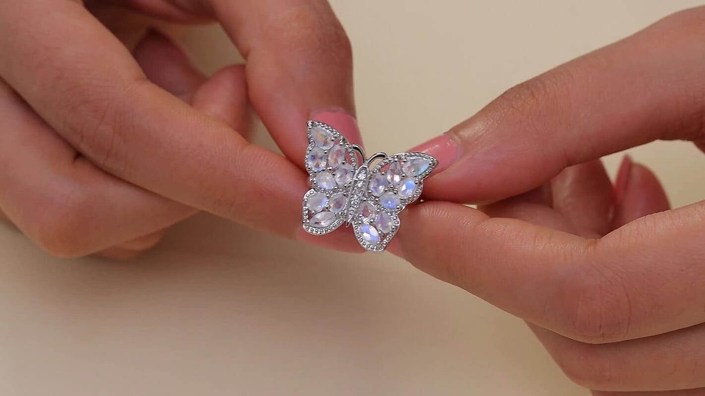 Karis Moon Glow Moonstone and White Zircon 2.70 ctw Butterfly Ring in Platinum Bond (Size 10.0)