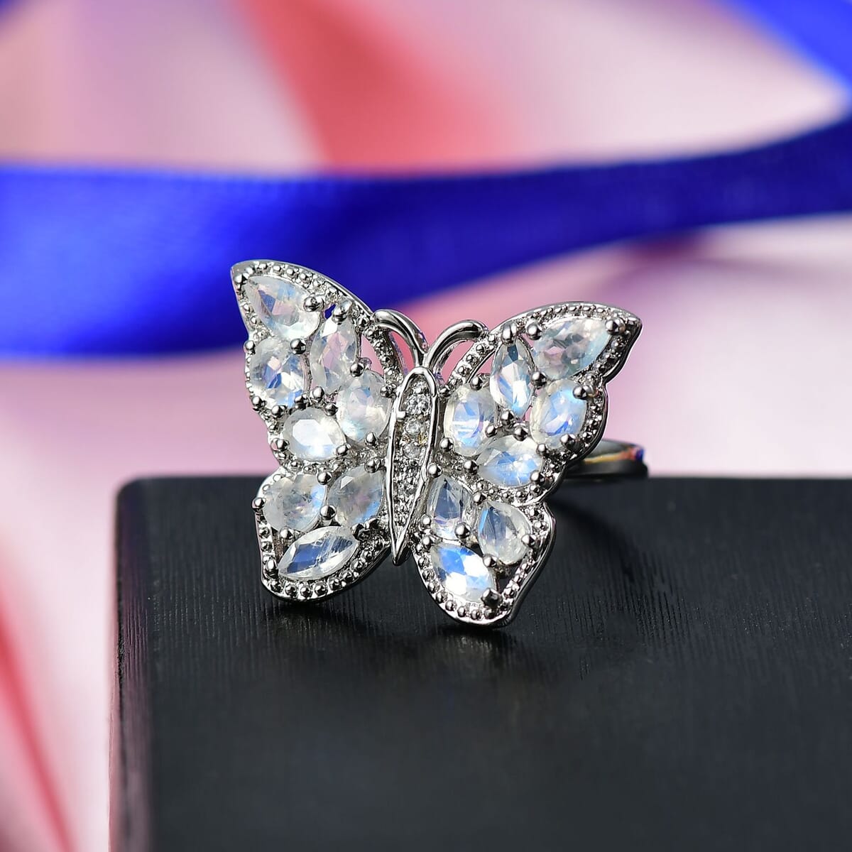 Karis Moon Glow Moonstone and White Zircon 2.70 ctw Butterfly Ring in Platinum Bond (Size 10.0) image number 1