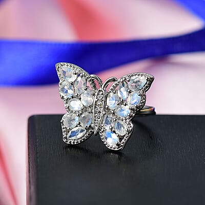 Karis Moon Glow Moonstone and White Zircon 2.70 ctw Moonfly Muse Ring in Platinum Bond (Size 10.0)