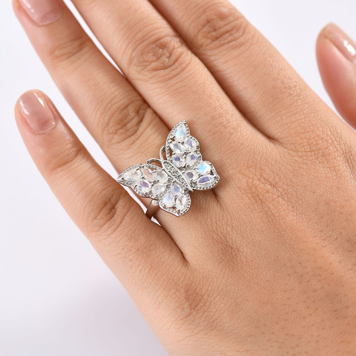 Karis Moon Glow Moonstone and White Zircon 2.70 ctw Butterfly Ring in Platinum Bond (Size 10.0) image number 2
