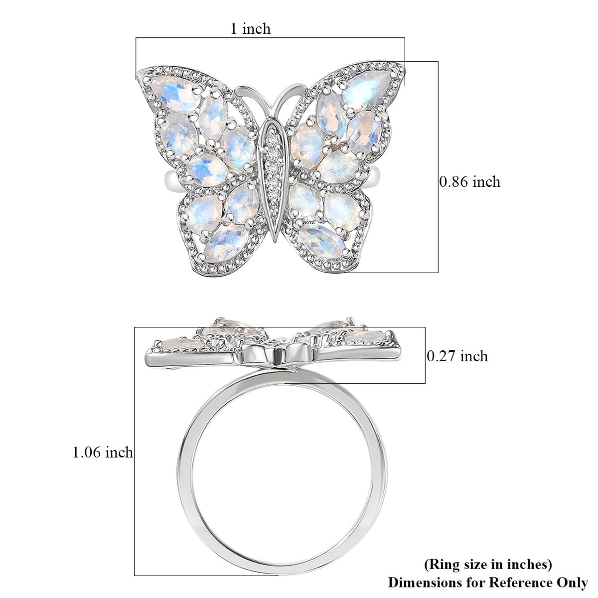 Karis Moon Glow Moonstone and White Zircon 2.70 ctw Butterfly Ring in Platinum Bond (Size 10.0) image number 5