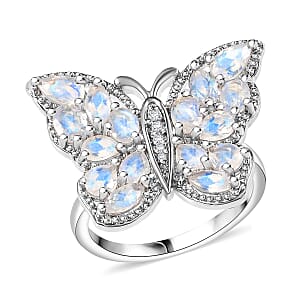 Karis Moon Glow Moonstone and White Zircon 2.70 ctw Moonfly Muse Ring in Platinum Bond (Size 7.0)