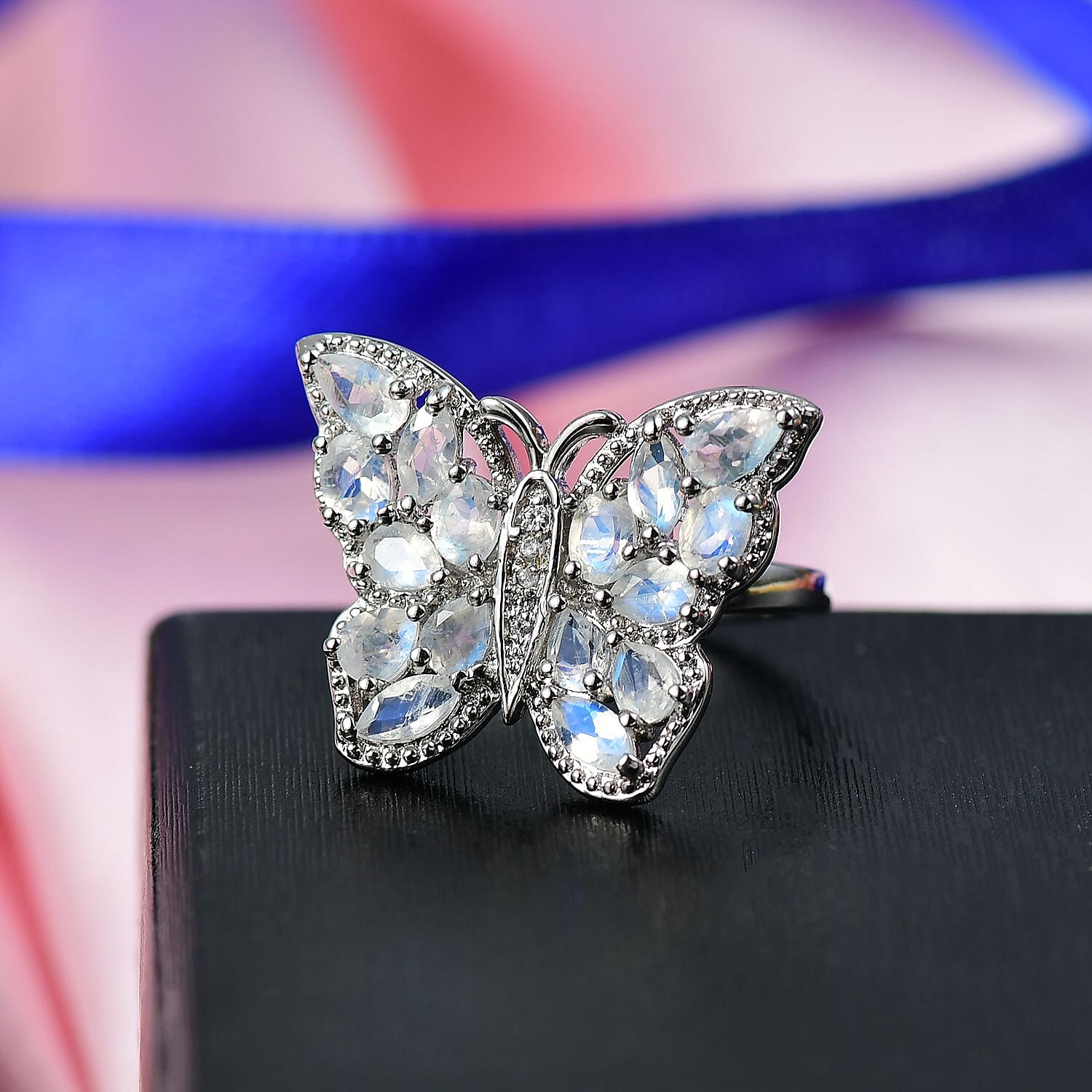 Karis Moon Glow Moonstone and White Zircon 2.70 ctw Moonfly Muse Ring in Platinum Bond (Size 7.0)