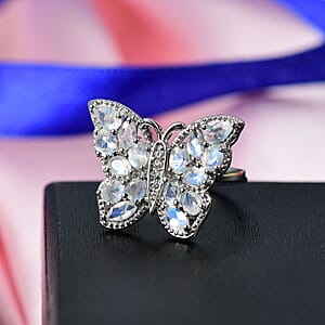 Karis Moon Glow Moonstone and White Zircon 2.70 ctw Moonfly Muse Ring in Platinum Bond (Size 7.0)