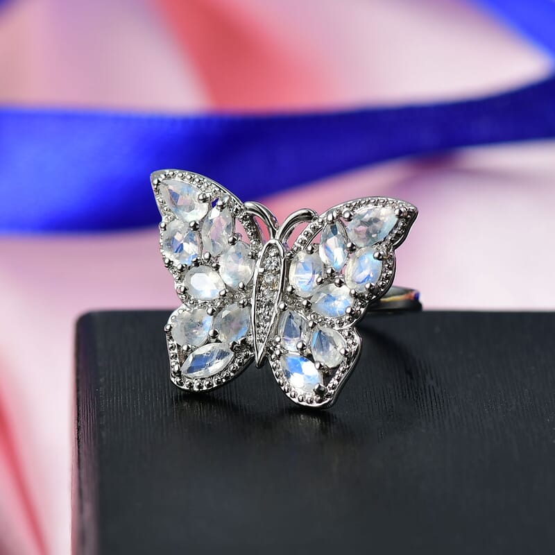 Karis Moon Glow Moonstone and White Zircon 2.70 ctw Moonfly Muse Ring in Platinum Bond (Size 7.0)