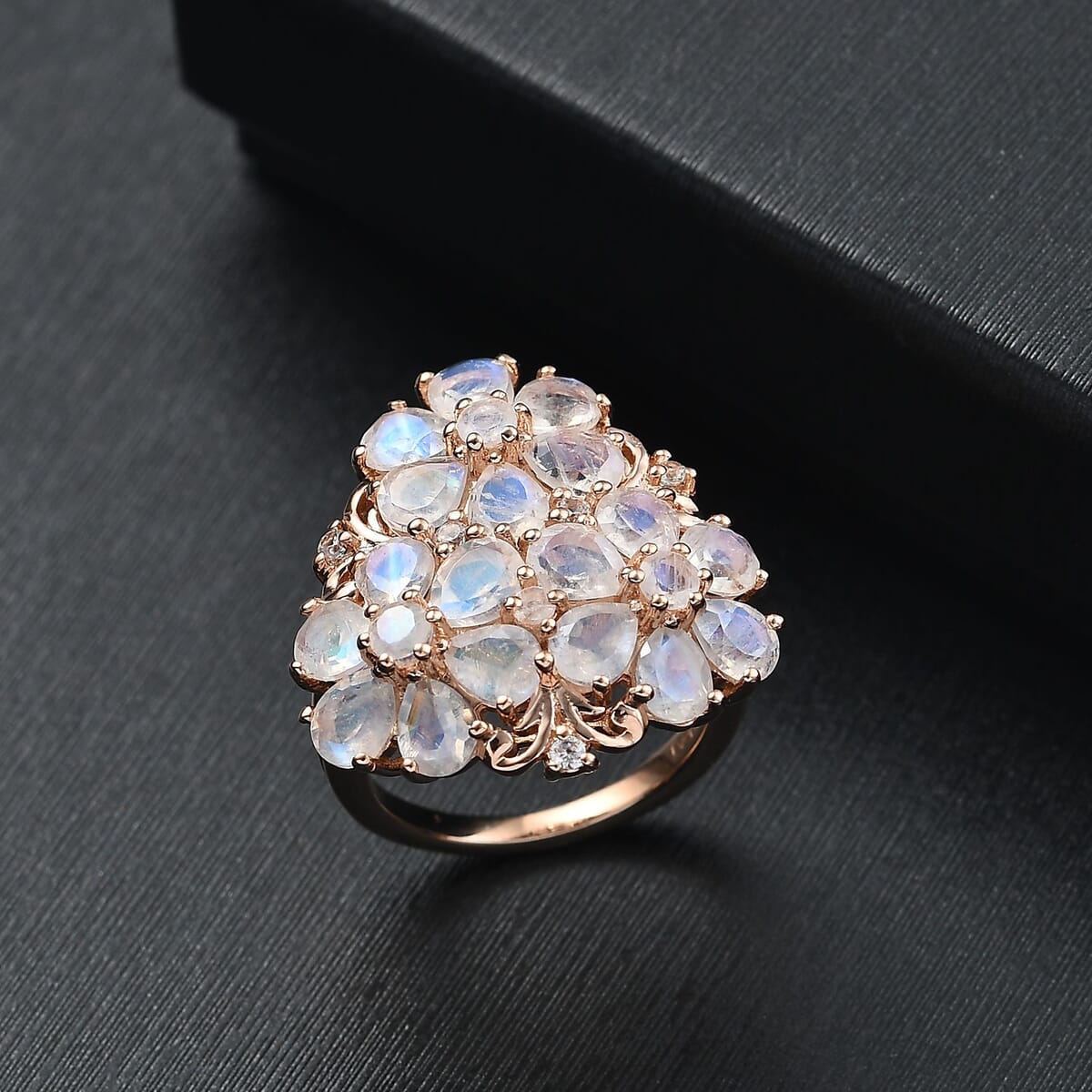 Karis Moon Glow Moonstone and White Zircon 6.30 ctw Lunar Garden Floral Ring 18K RG Plated (Size 10.0) image number 1