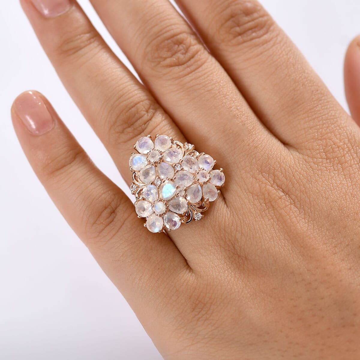 Karis Moon Glow Moonstone and White Zircon 6.30 ctw Lunar Garden Floral Ring 18K RG Plated (Size 10.0) image number 2