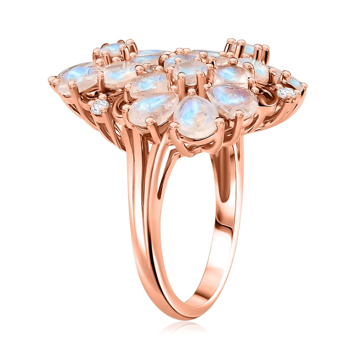 Karis Moon Glow Moonstone and White Zircon 6.30 ctw Lunar Garden Floral Ring 18K RG Plated (Size 10.0) image number 3