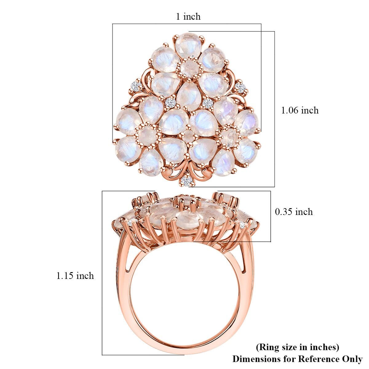 Karis Moon Glow Moonstone and White Zircon 6.30 ctw Lunar Garden Floral Ring 18K RG Plated (Size 10.0) image number 5