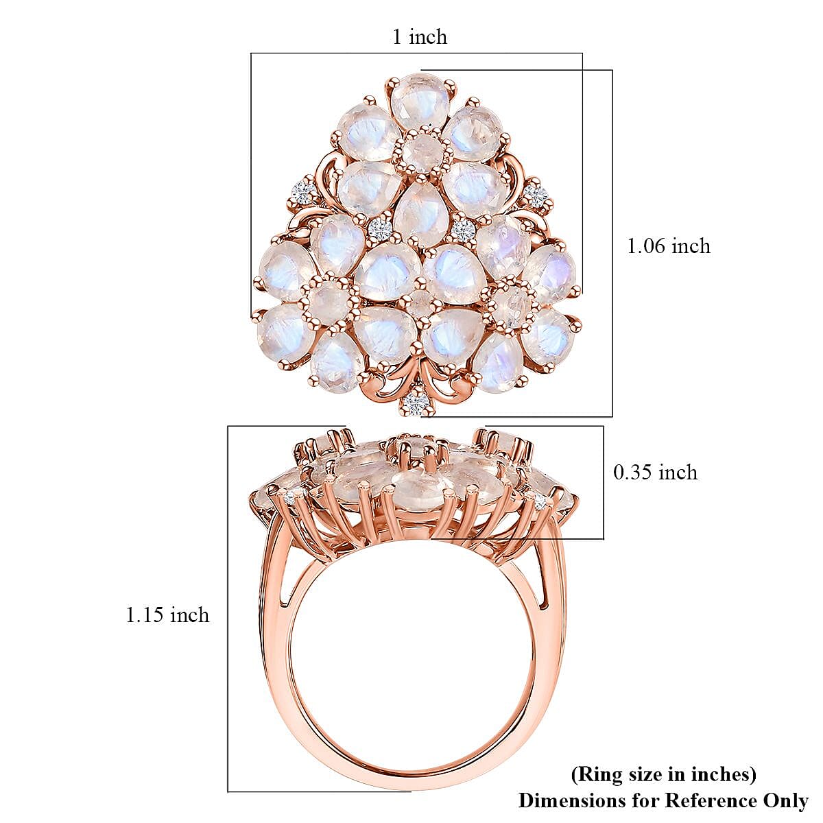 Karis Moon Glow Moonstone and White Zircon 6.30 ctw Lunar Garden Floral Ring 18K RG Plated (Size 6.0) image number 5