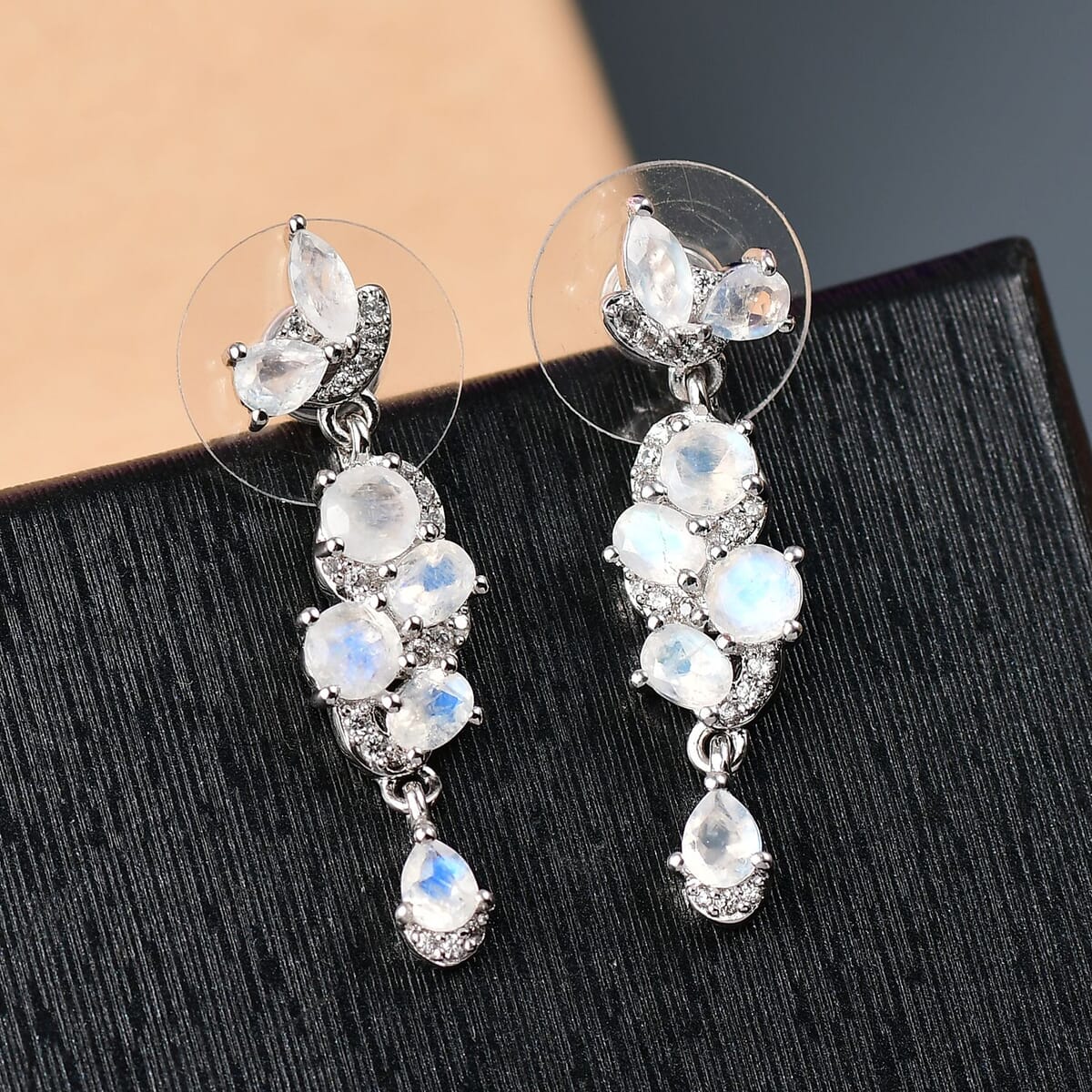 Karis Moon Glow Moonstone and White Zircon 2.85 ctw Blooming Twilight Earrings in Platinum Bond image number 1