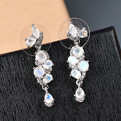 Karis Moon Glow Moonstone and White Zircon 2.85 ctw Blooming Twilight Earrings in Platinum Bond