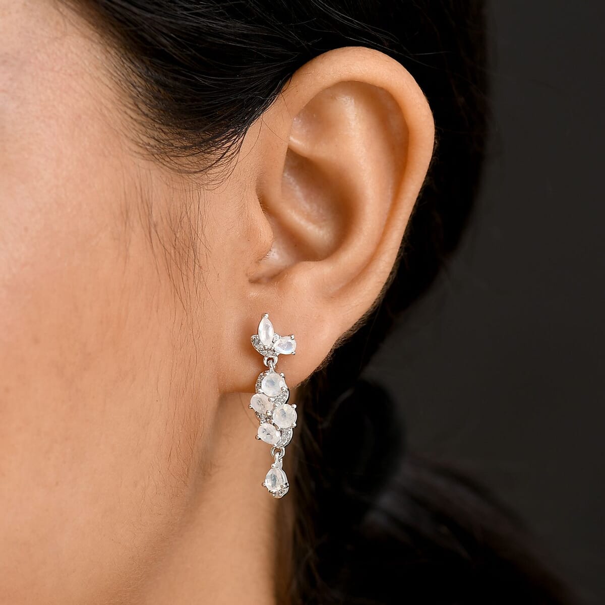 Karis Moon Glow Moonstone and White Zircon 2.85 ctw Blooming Twilight Earrings in Platinum Bond image number 2