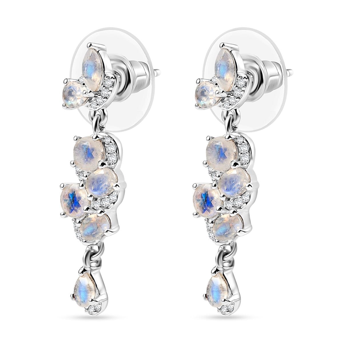 Karis Moon Glow Moonstone and White Zircon 2.85 ctw Blooming Twilight Earrings in Platinum Bond image number 3