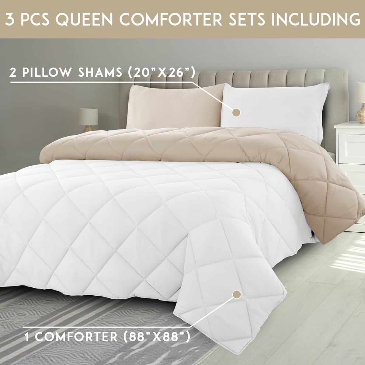 Lux Decor Collection 3pc White Reversible Comforter Set -Queen image number 5