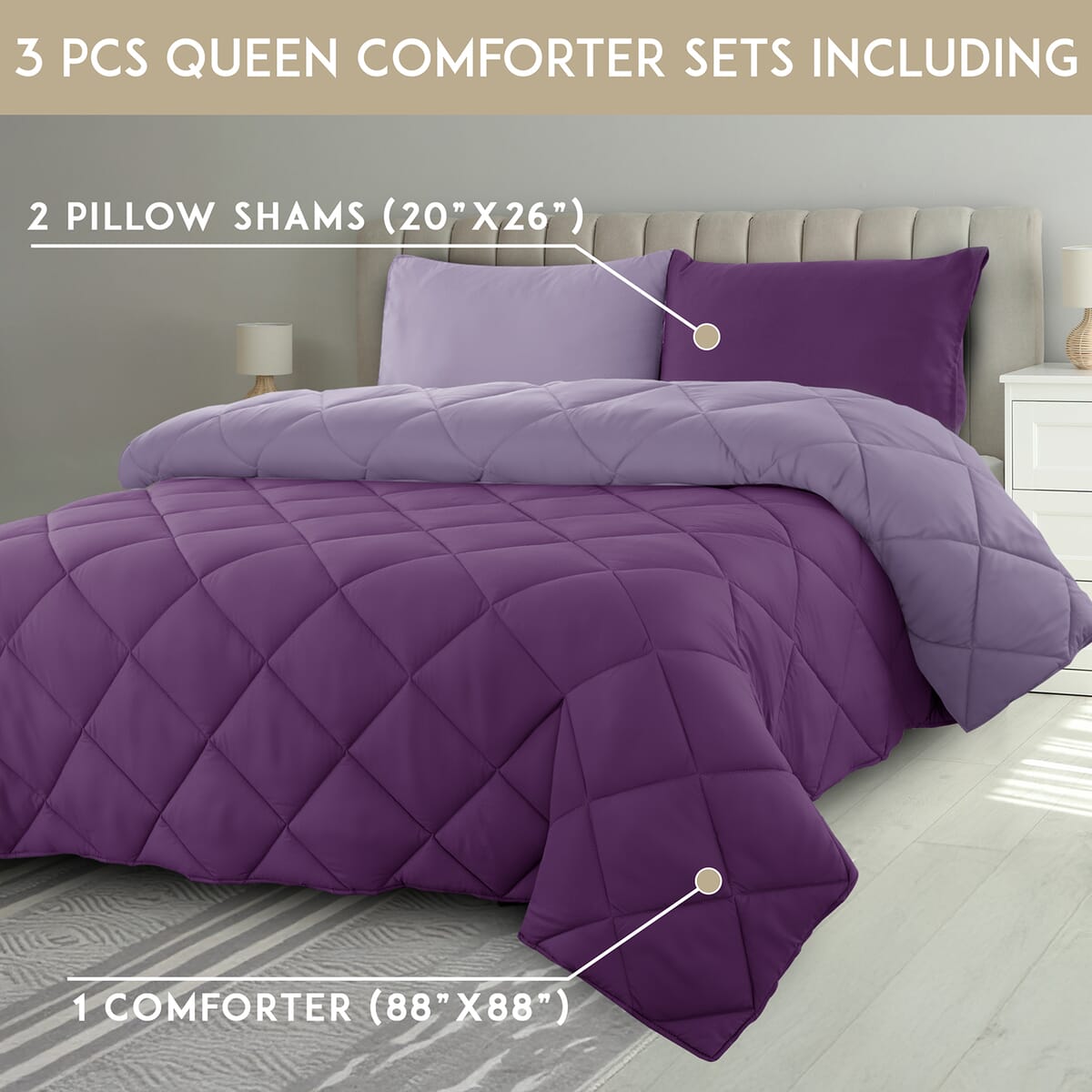 Lux Decor Collection 3pc Purple Reversible Comforter Set -King image number 5