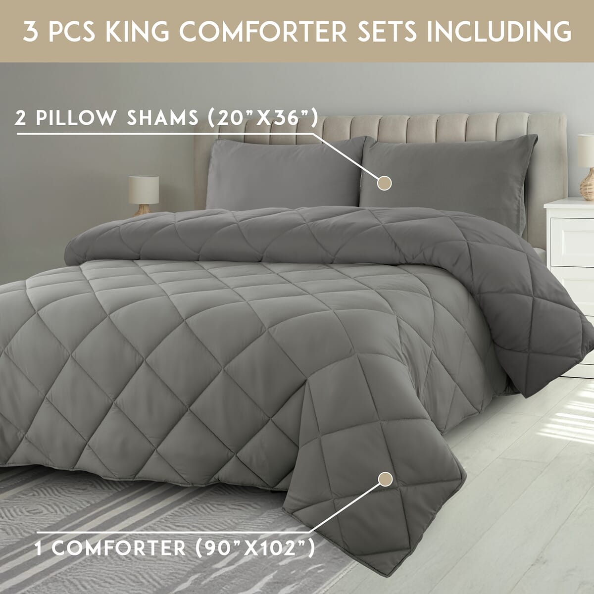 Lux Decor Collection 3pc Grey Reversible Comforter Set -King image number 4