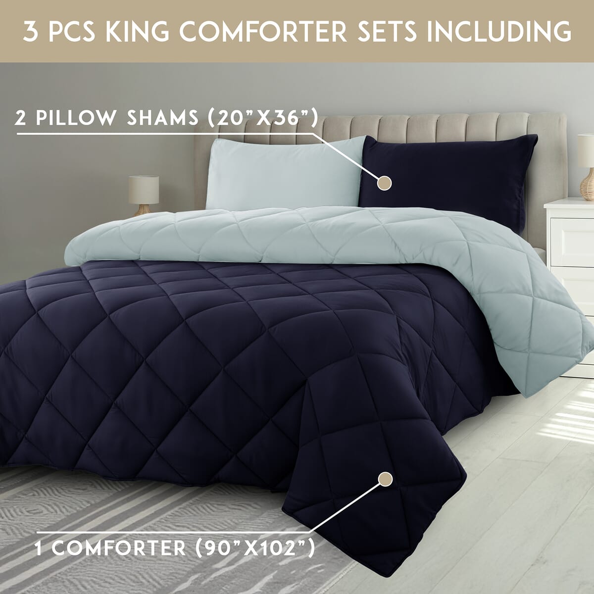 Lux Decor Collection 3pc Navy Reversible Comforter Set -King image number 4