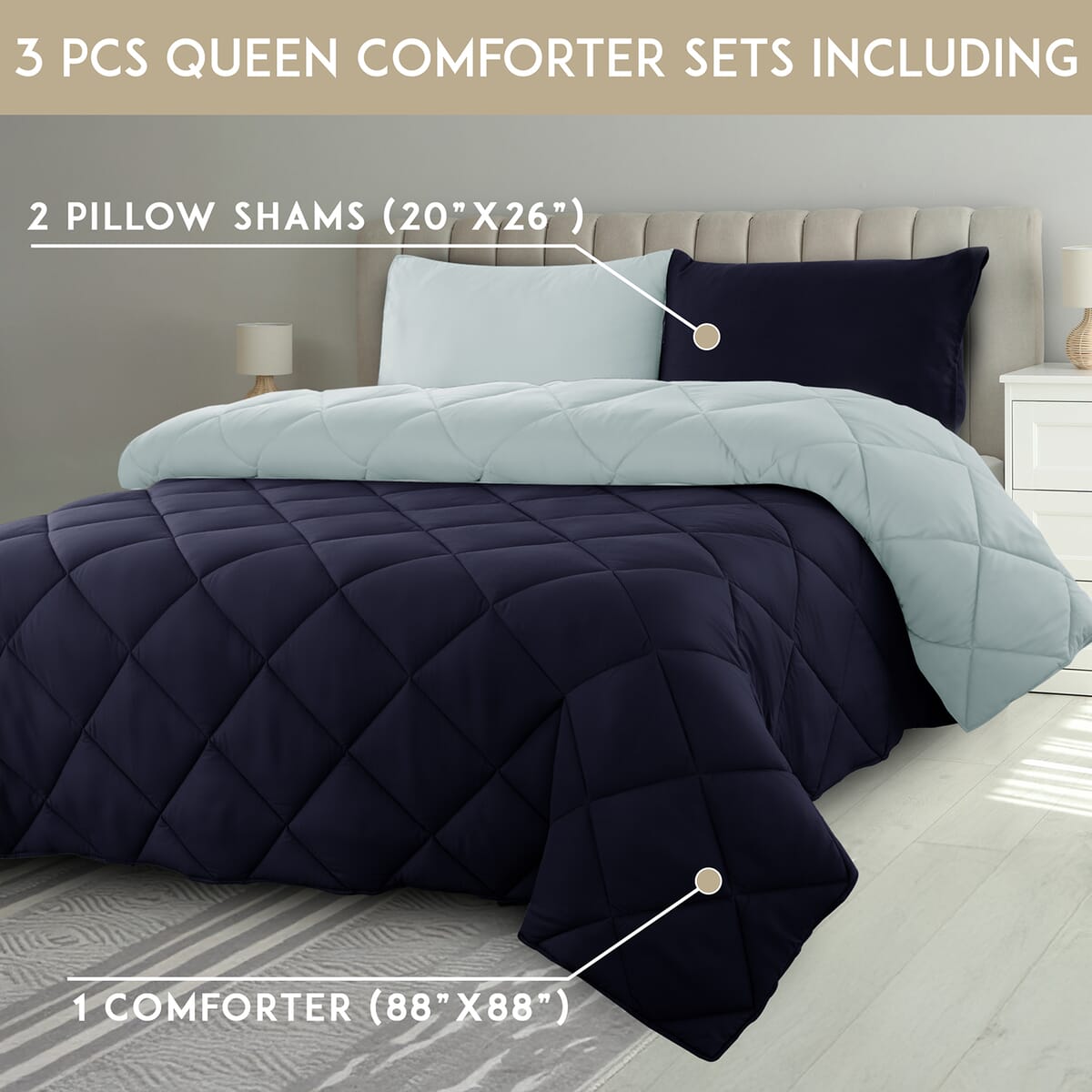 Lux Decor Collection 3pc Navy Reversible Comforter Set -King image number 5