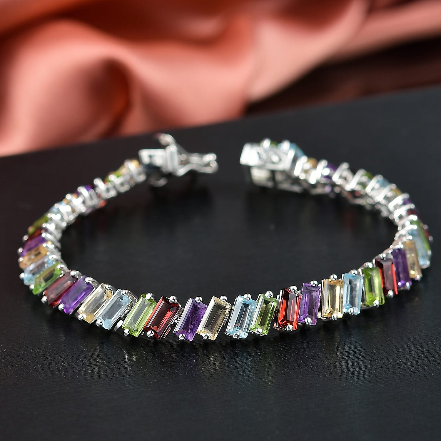 D'Joy Multi Gemstone 17.40 ctw Bracelet in Rhodium Over Sterling Silver (6.50 In)