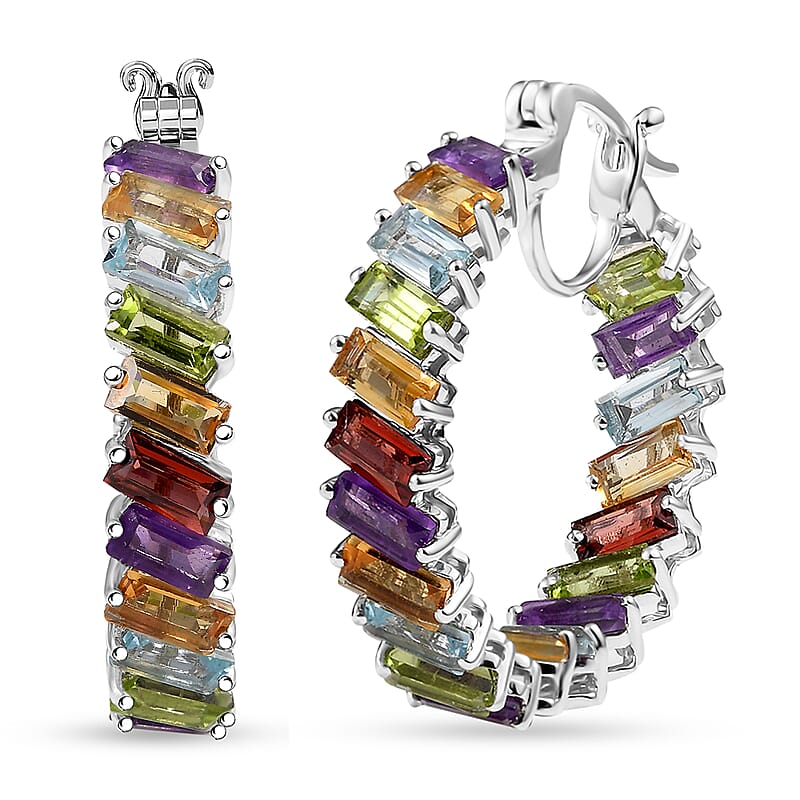 D'Joy Multi Gemstone 15.80 ctw Hoop Earrings in Rhodium Over Sterling Silver