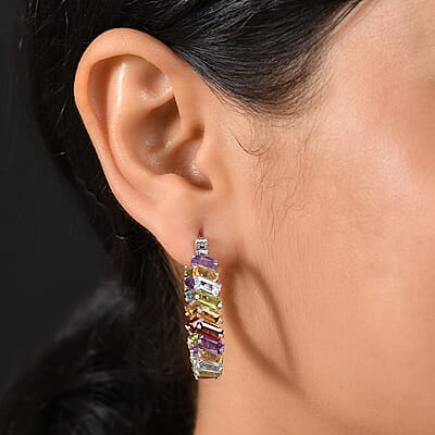 D'Joy Multi Gemstone 15.80 ctw Hoop Earrings in Rhodium Over Sterling Silver