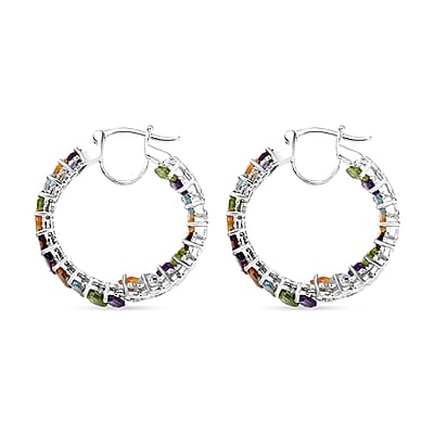 D'Joy Multi Gemstone 15.80 ctw Hoop Earrings in Rhodium Over Sterling Silver