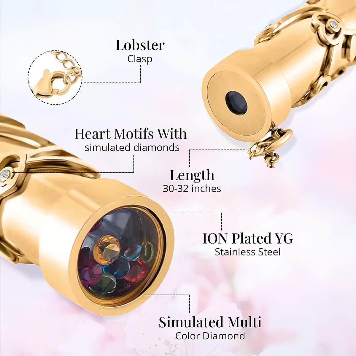 Simulated Multi Color Diamond Kaleidoscope Pendant Necklace (30-32 Inches) in ION Plated YG Stainless Steel 0.80 ctw image number 3