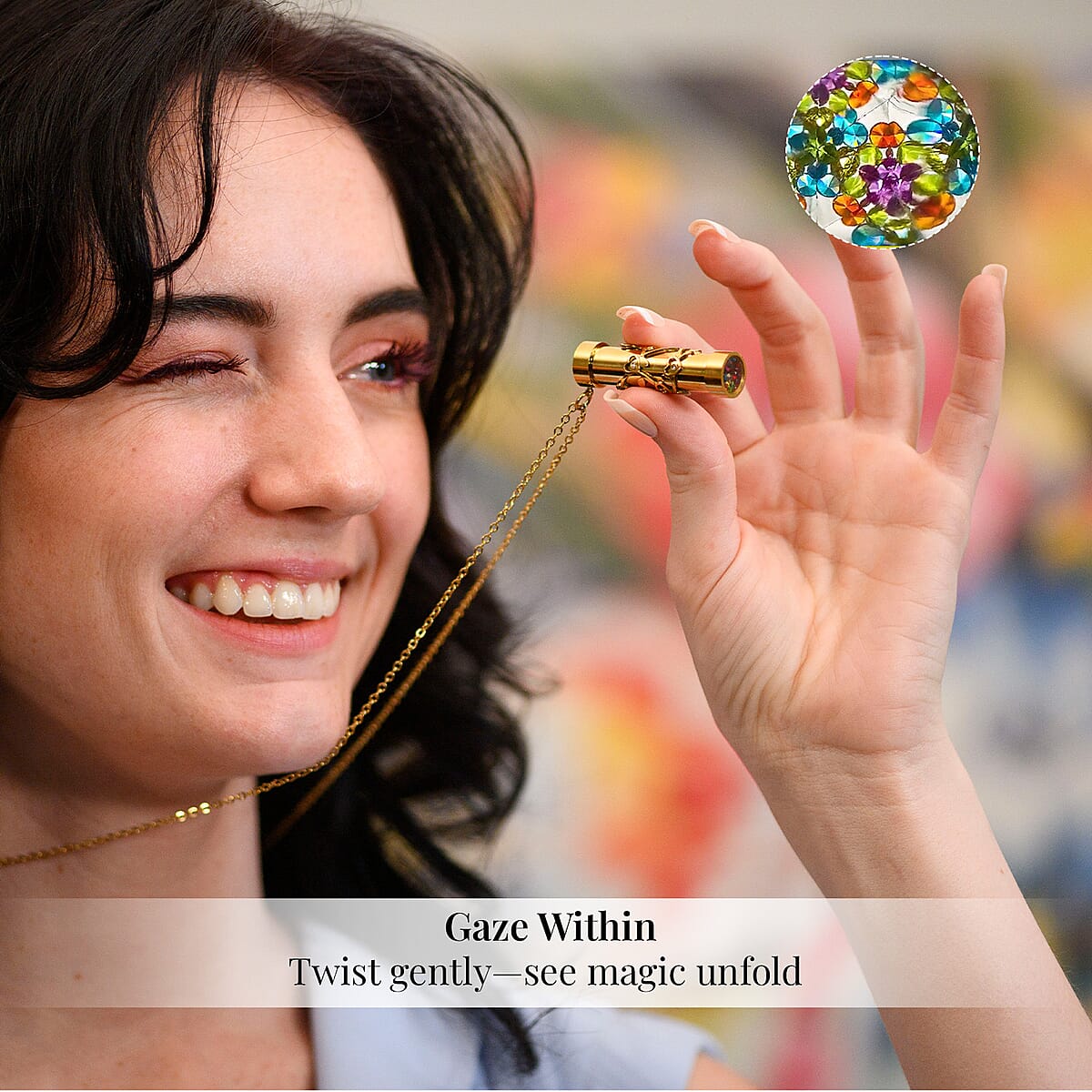Simulated Multi Color Diamond Kaleidoscope Pendant Necklace (30-32 Inches) in ION Plated YG Stainless Steel 0.80 ctw image number 4