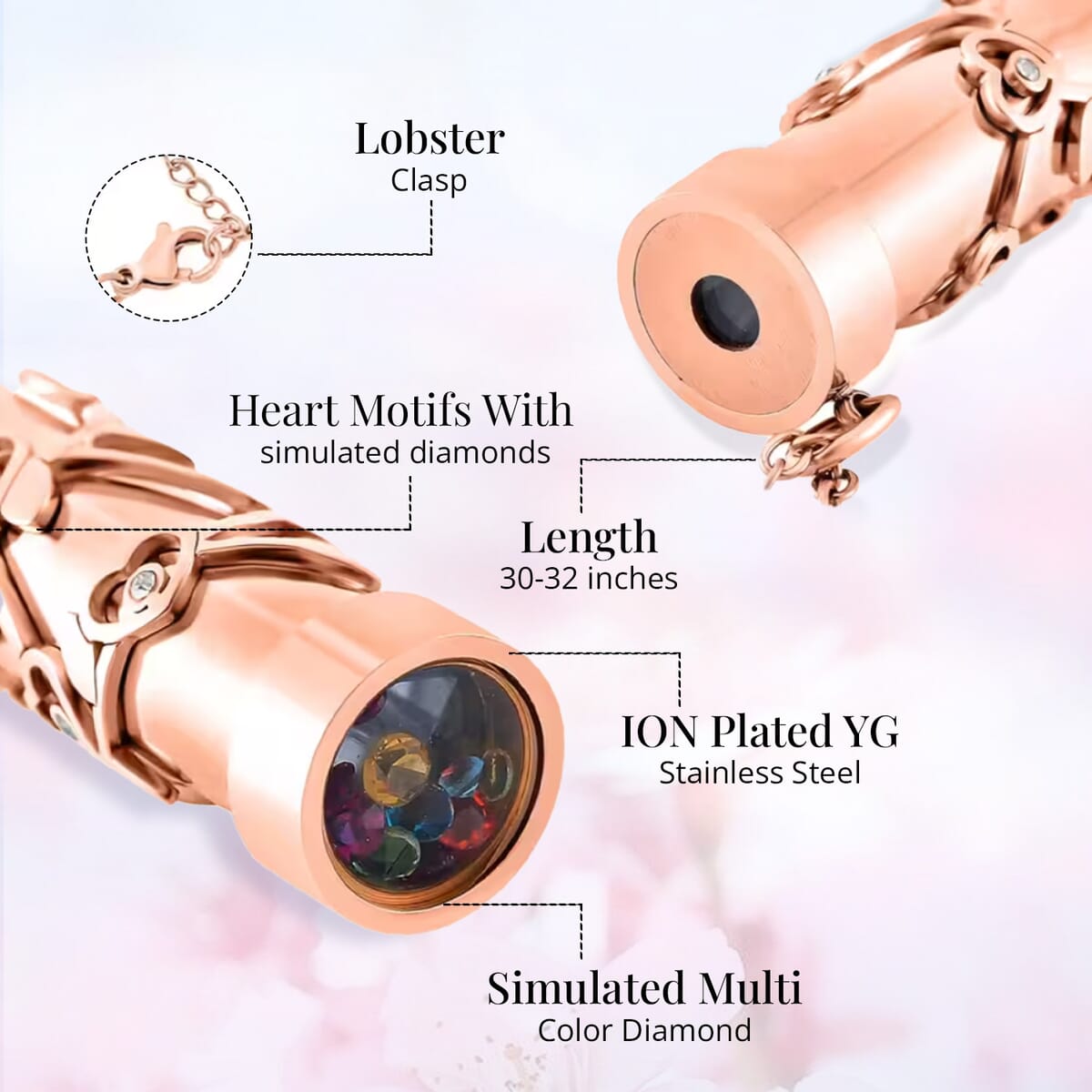 Simulated Multi Color Diamond Kaleidoscope Pendant Necklace (30-32 Inches) in ION Plated RG Stainless Steel 0.80 ctw image number 3