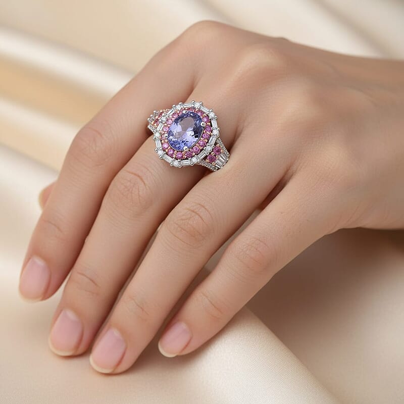 D'Joy Tanzanite and Multi Gemstone 2.30 ctw Rosefire Ring in 18K Vermeil RG and Rhodium Over Sterling Silver (Size 6.0)
