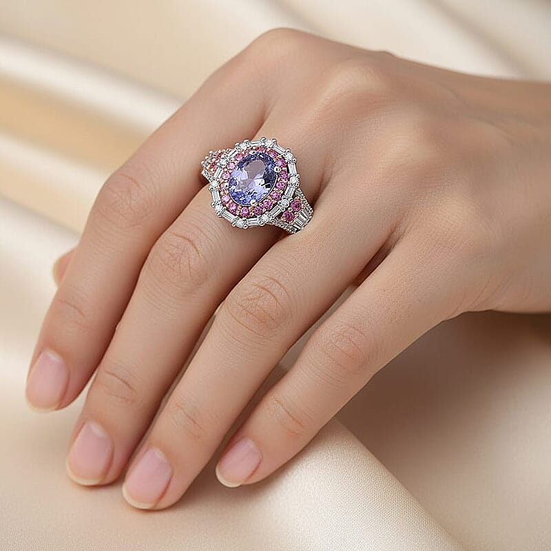 D'Joy Tanzanite and Multi Gemstone 2.30 ctw Rosefire Ring in 18K Vermeil RG and Rhodium Over Sterling Silver (Size 6.0)