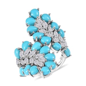 D'Joy Premium Sleeping Beauty Turquoise and Moissanite 8.35 ctw Teardrop Leaf Ring in Rhodium Over Sterling Silver (Size 6.0) 