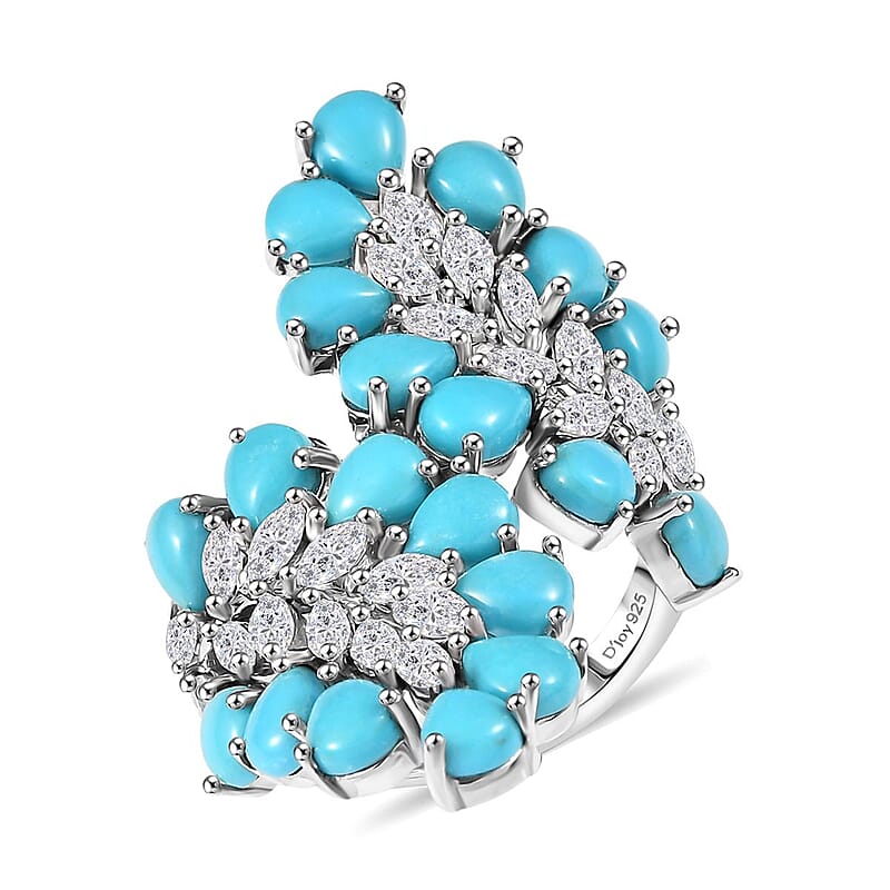 D'Joy Premium Sleeping Beauty Turquoise and Moissanite 8.35 ctw Teardrop Leaf Ring in Rhodium Over Sterling Silver (Size 6.0)