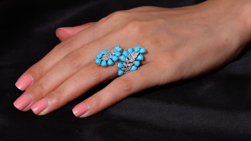 D'Joy Premium Sleeping Beauty Turquoise, Moissanite Bypass Ring in Rhodium Over Sterling Silver (Size 7.0) 8.35 ctw