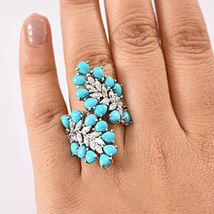D'Joy Premium Sleeping Beauty Turquoise and Moissanite 8.35 ctw Teardrop Leaf Ring in Rhodium Over Sterling Silver (Size 6.0) 