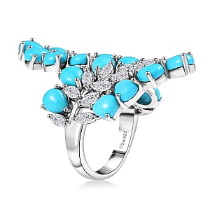 D'Joy Premium Sleeping Beauty Turquoise and Moissanite 8.35 ctw Teardrop Leaf Ring in Rhodium Over Sterling Silver (Size 6.0) 