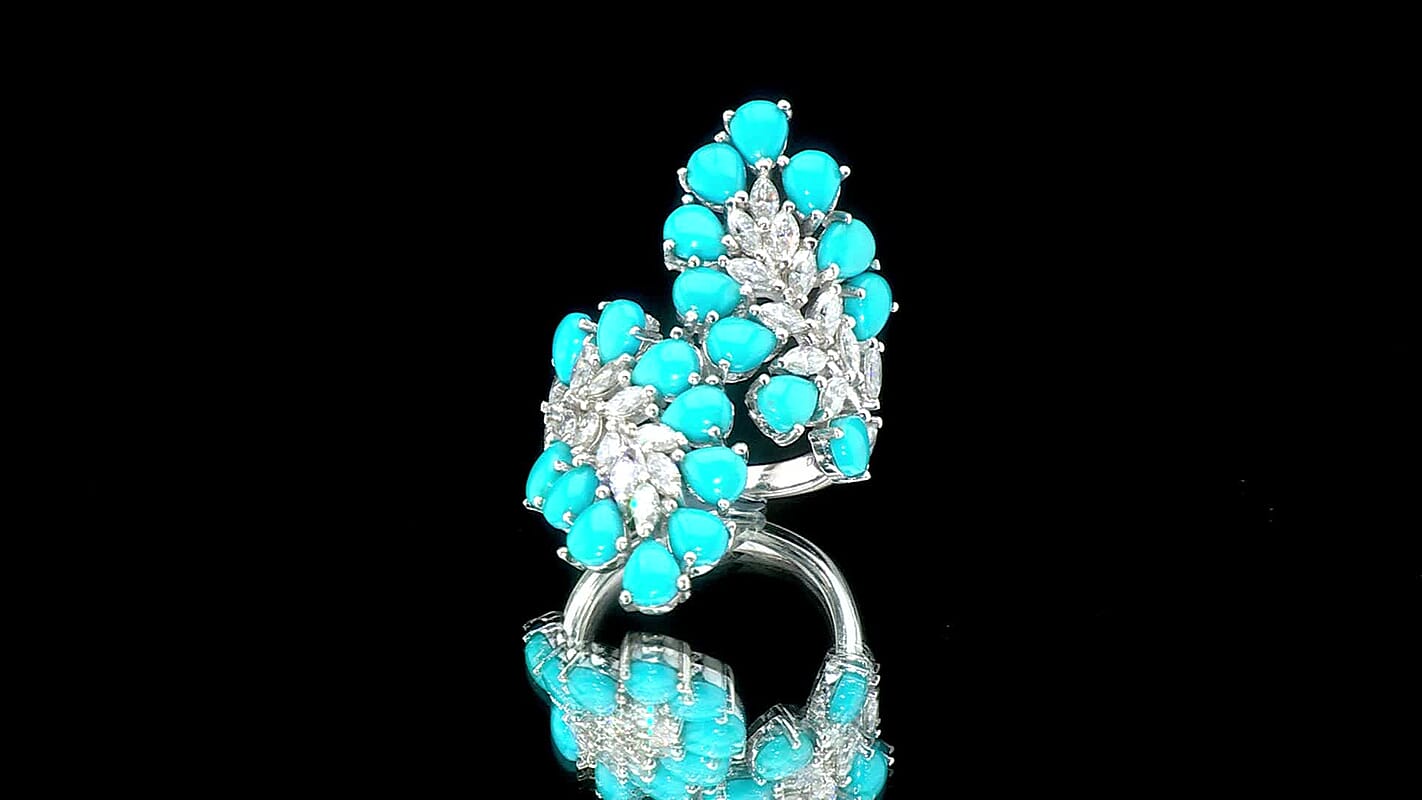 D'Joy Premium Sleeping Beauty Turquoise, Moissanite Bypass Ring in Rhodium Over Sterling Silver (Size 7.0) 8.35 ctw
