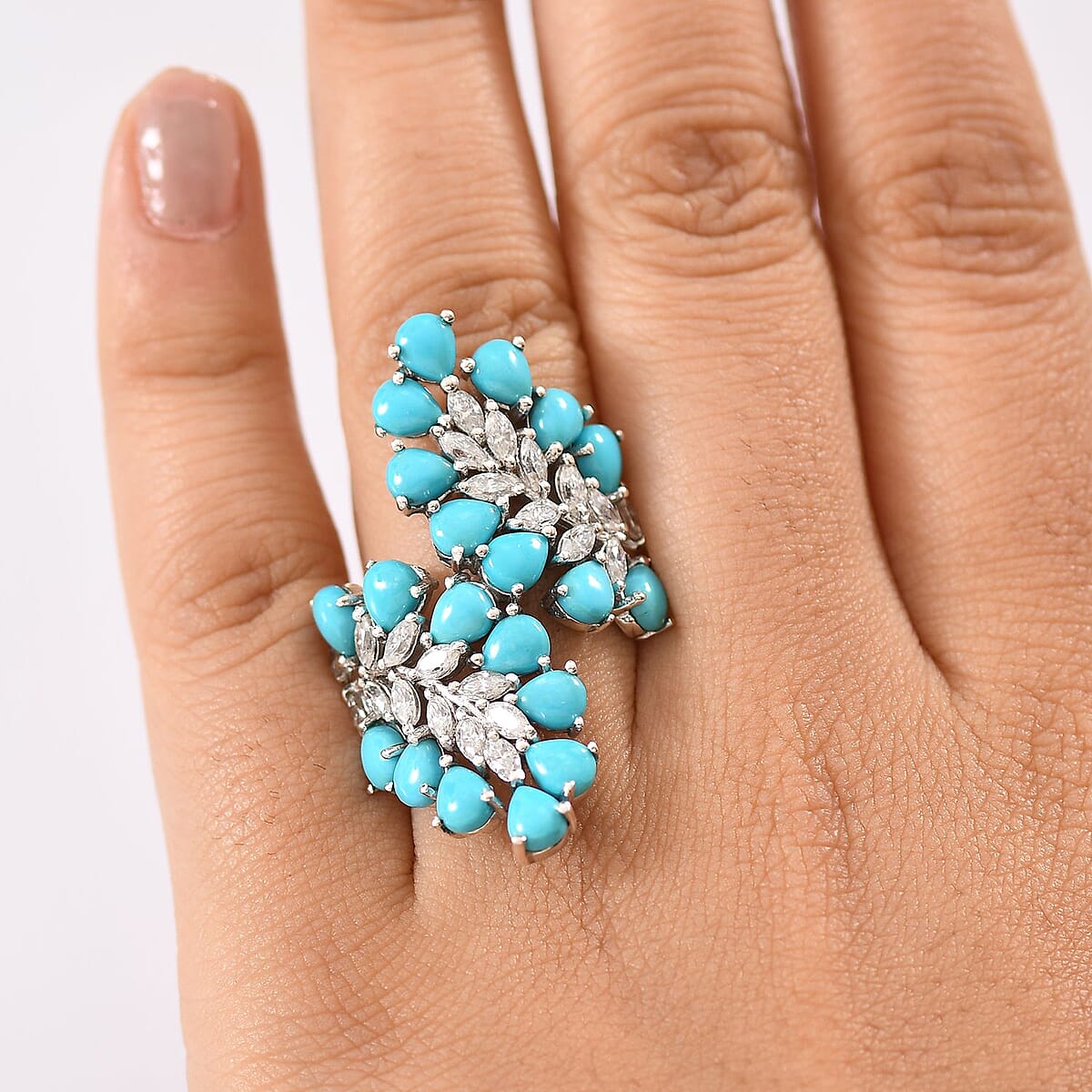 D'Joy Premium Sleeping Beauty Turquoise and Moissanite 8.35 ctw Teardrop Leaf Ring in Rhodium Over Sterling Silver (Size 7.0) image number 1