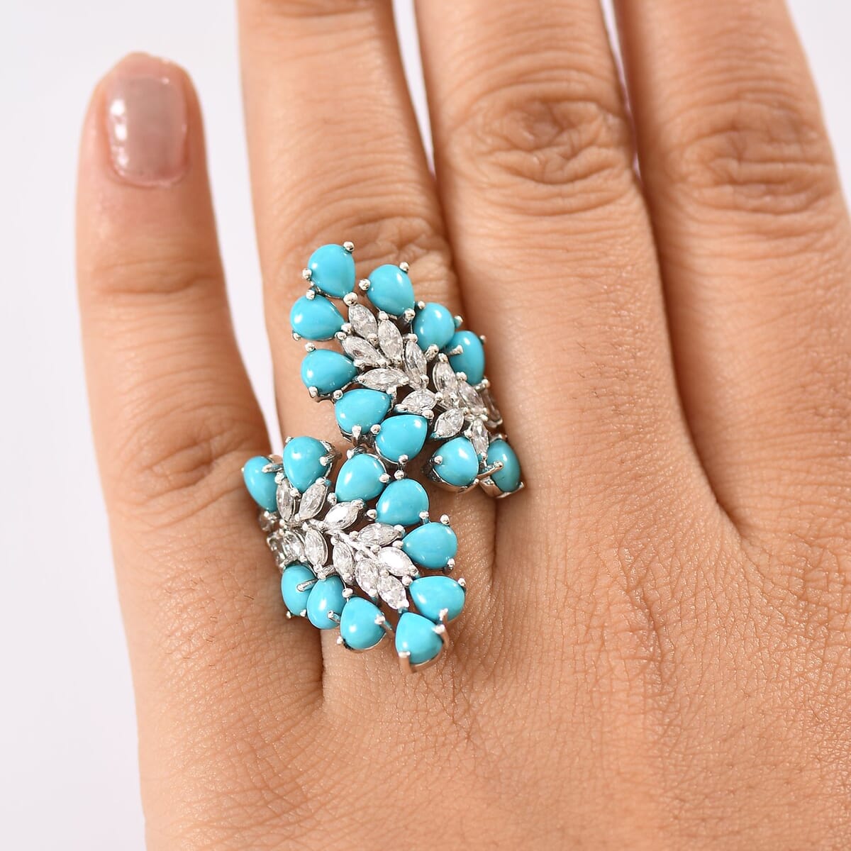 D'Joy Premium Sleeping Beauty Turquoise and Moissanite 8.35 ctw Teardrop Leaf Ring in Rhodium Over Sterling Silver (Size 8.0)  image number 1