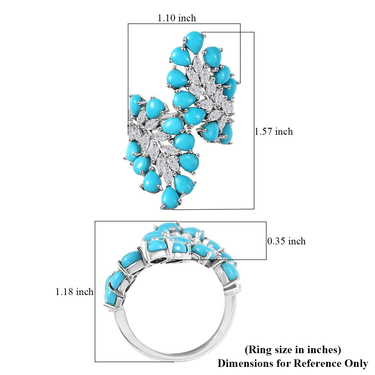 D'Joy Premium Sleeping Beauty Turquoise and Moissanite 8.35 ctw Teardrop Leaf Ring in Rhodium Over Sterling Silver (Size 8.0)  image number 4