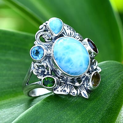 Bali Legacy Larimar and Multi Gemstone 7.10 ctw Floral and Butterfly Ring in Sterling Silver (Size 10.0)