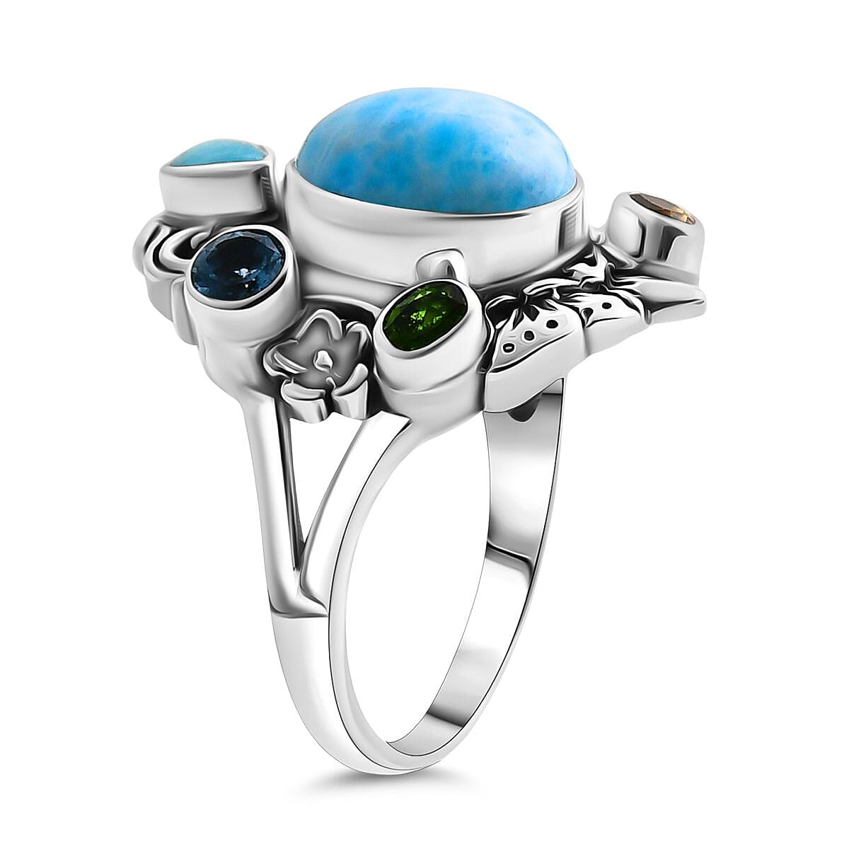 Bali Legacy Larimar and Multi Gemstone 7.10 ctw Floral and Butterfly Ring in Sterling Silver (Size 10.0) image number 3
