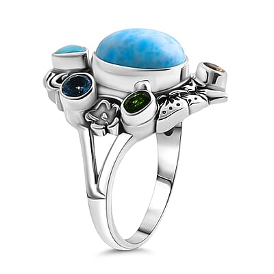 Bali Legacy Larimar and Multi Gemstone 7.10 ctw Floral and Butterfly Ring in Sterling Silver (Size 10.0)