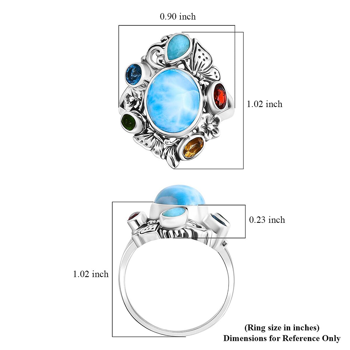 Bali Legacy Larimar and Multi Gemstone 7.10 ctw Floral and Butterfly Ring in Sterling Silver (Size 10.0) image number 5
