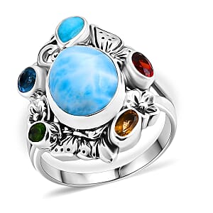 Bali Legacy Larimar and Multi Gemstone 7.10 ctw Floral and Butterfly Ring in Sterling Silver (Size 8.0)